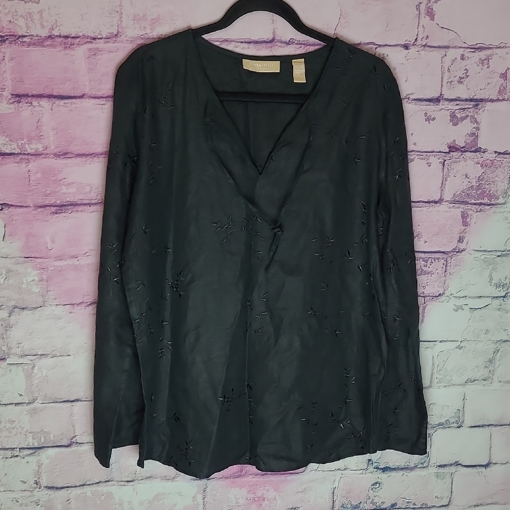 KATE HILL 100% LINEN BLACK EMBROIDERED TIE NECK TUNIC XL